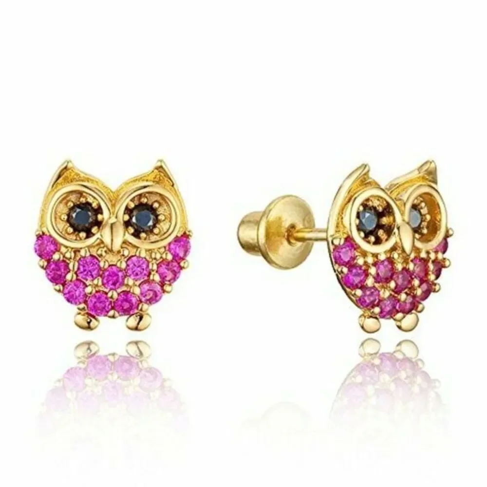 14k gold plated Red Owl CZ Girls Earrings
